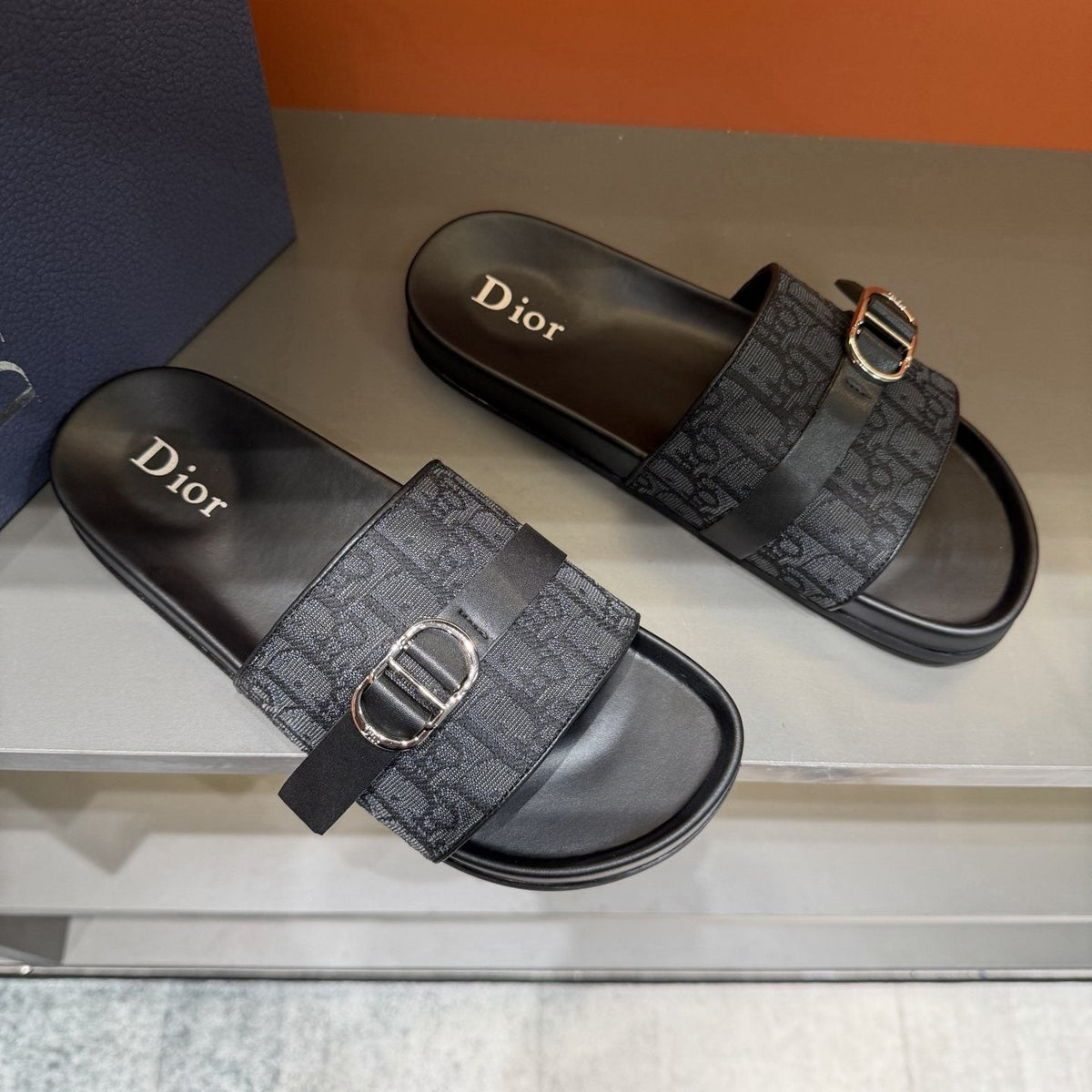 Dior Blue-Gray Pattern Slide Sandals — front