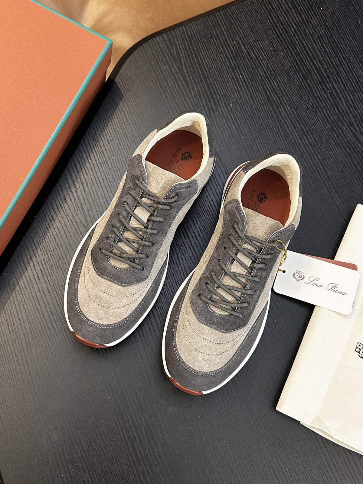 Loro Piana Gray and Charcoal Low-Top Sneakers — front