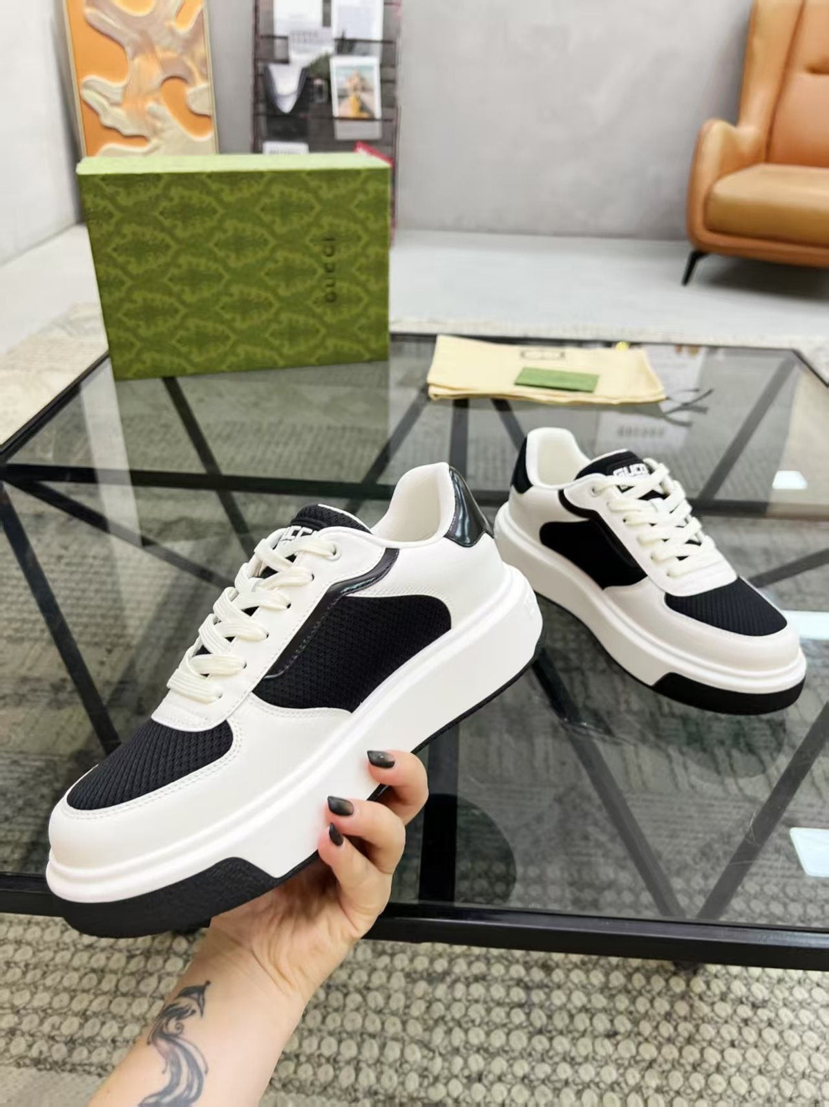 Gucci Black and White Low-Top Sneakers — side