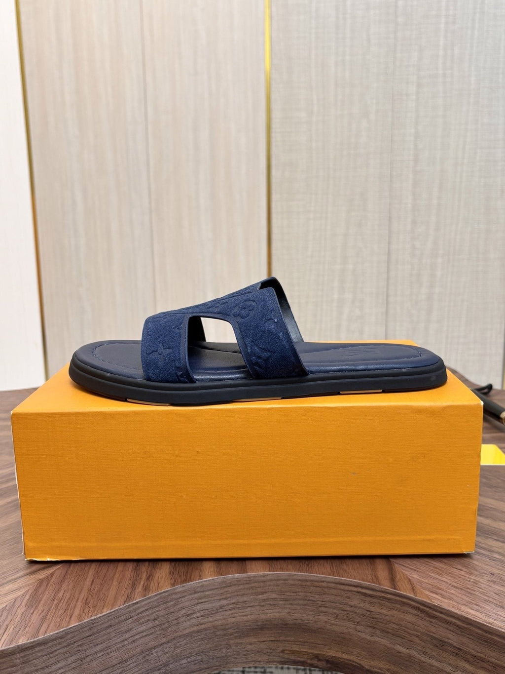 Louis Vuitton Embossed Navy Blue Slide Sandals — side