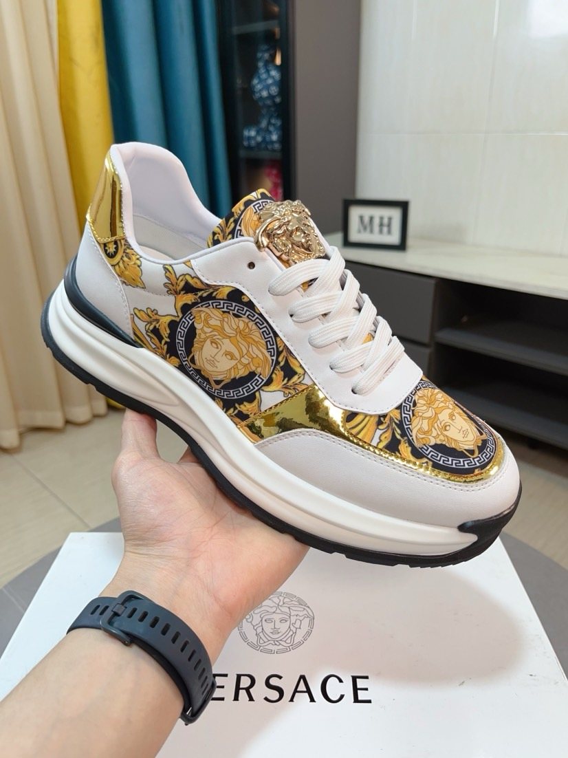 Versace Gold Pattern Leather Sneakers — front