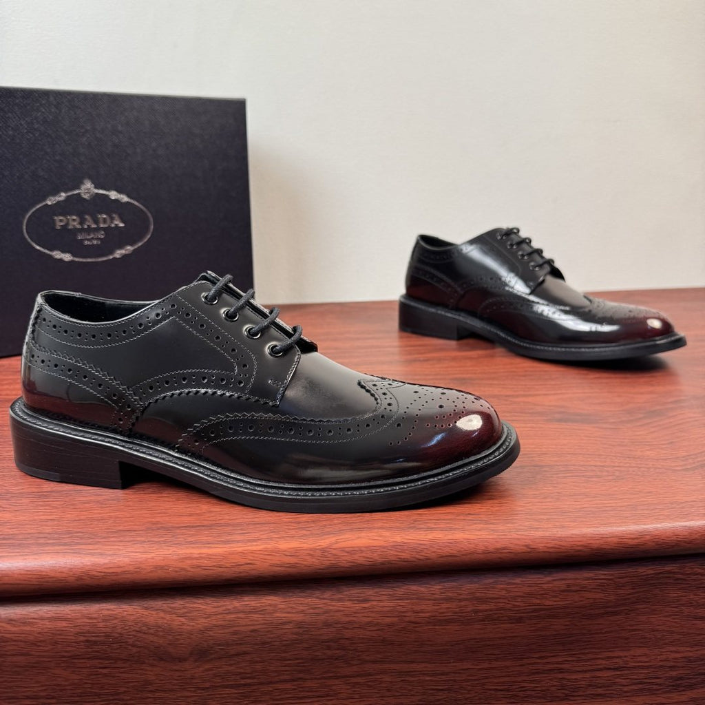 Prada Burnished Brogue Derby Shoes — front