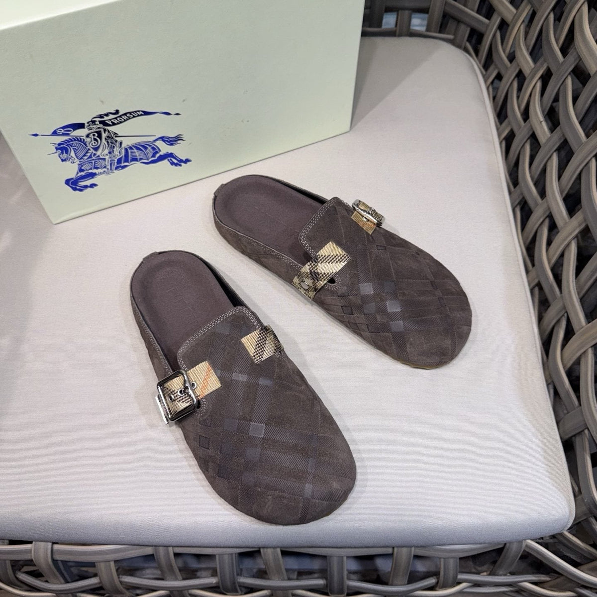 Burberry Patterned Buckle Mule Shoes — front