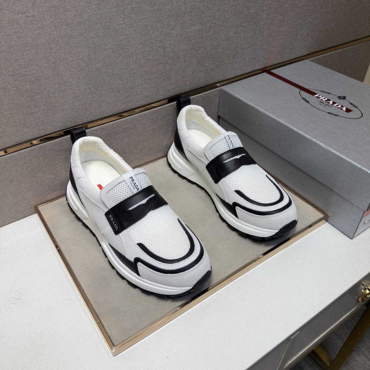 Prada Dark Navy Mesh Slip-On Sneakers — front