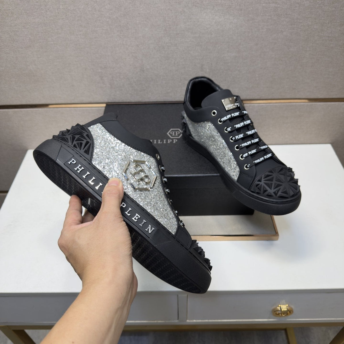 Philipp Plein Textured Logo High-Top Sneakers — model