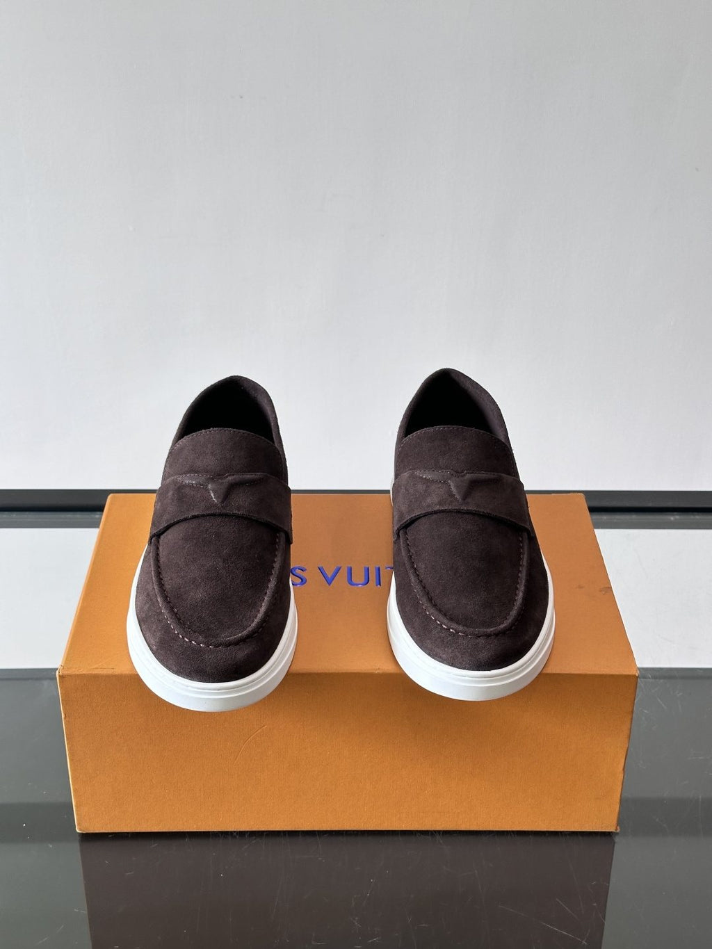 Louis Vuitton Navy Blue Suede Loafers — side