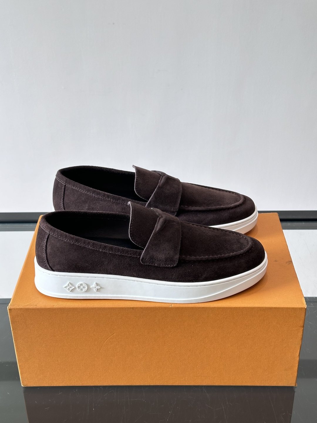 Louis Vuitton Navy Blue Suede Loafers — front