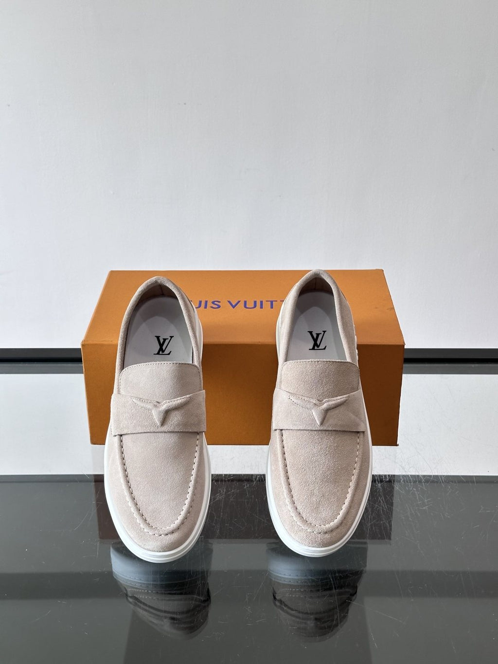 Louis Vuitton Navy Blue Suede Loafers — front
