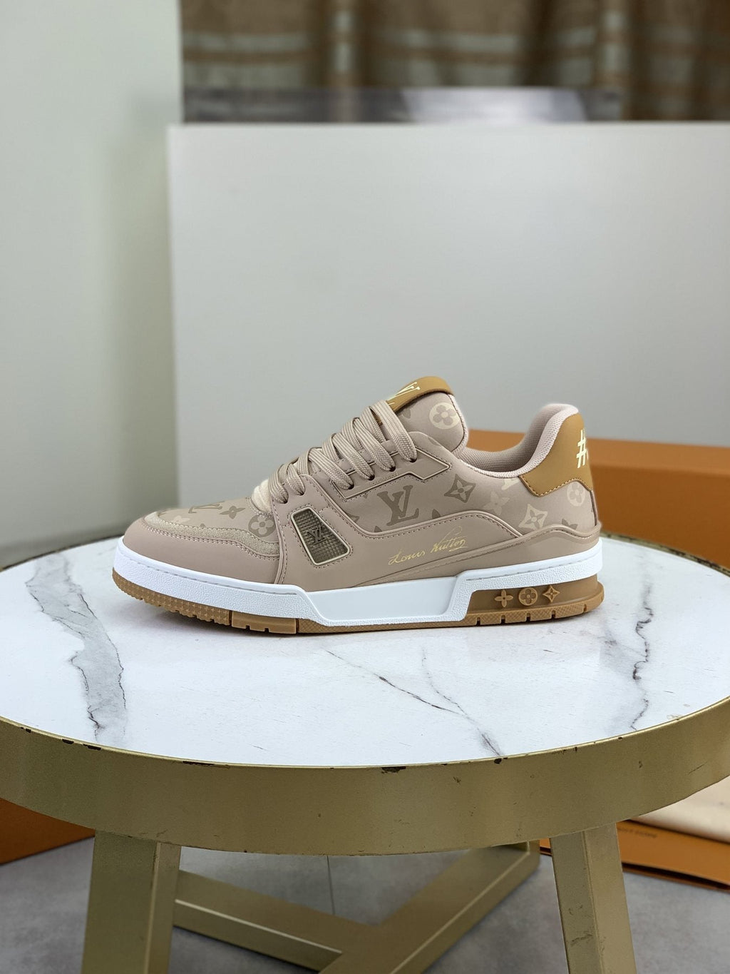 Louis Vuitton Beige, White & Gold Low-Top Sneakers — front