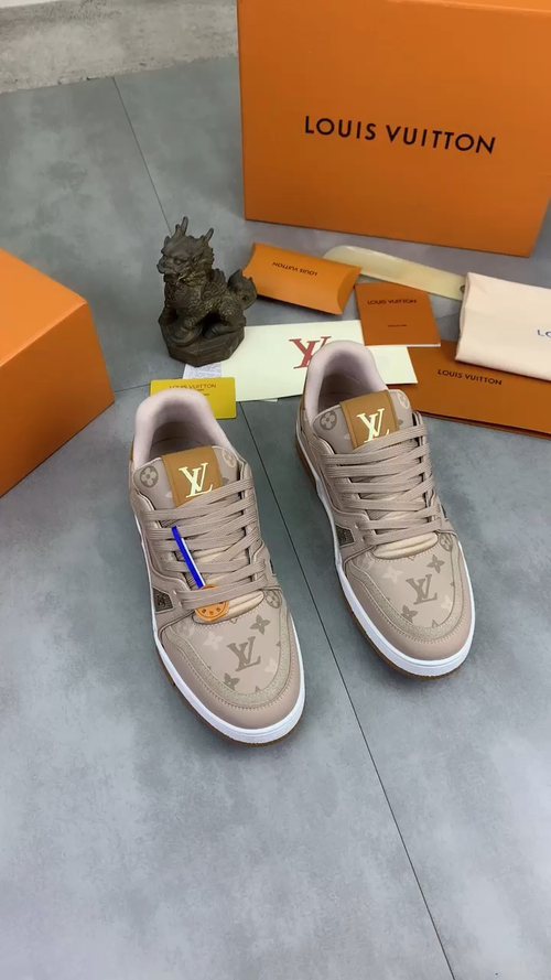 Louis Vuitton Beige, White & Gold Low-Top Sneakers — front