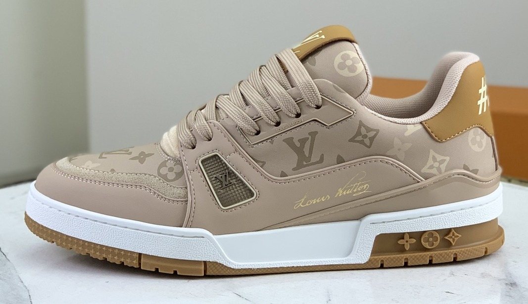 Louis Vuitton Beige, White & Gold Low-Top Sneakers — hero