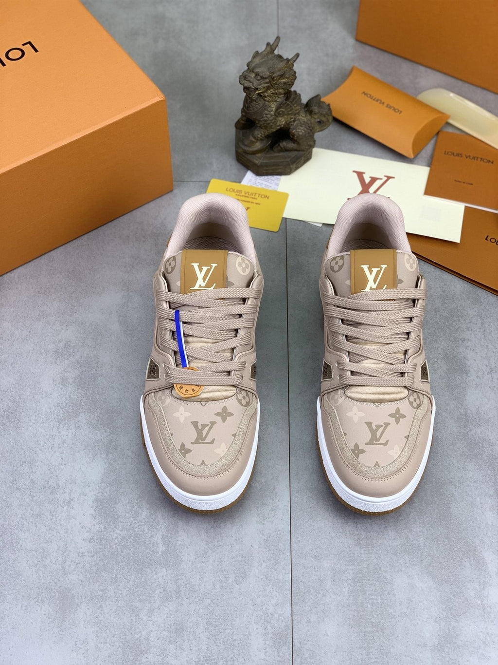 Louis Vuitton Beige, White & Gold Low-Top Sneakers — front