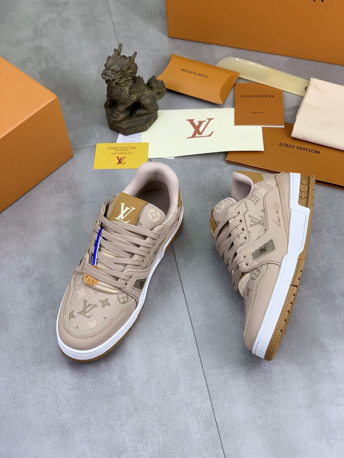 Louis Vuitton Beige, White & Gold Low-Top Sneakers — side