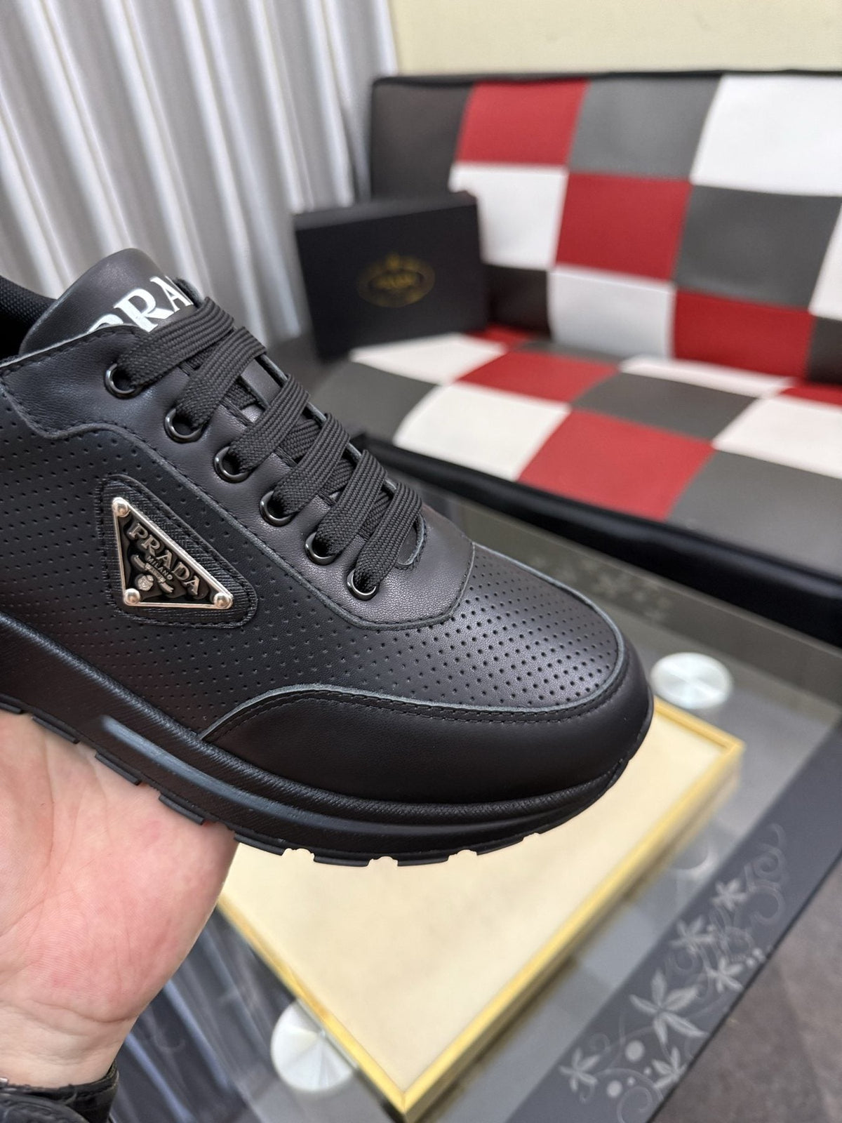 Prada Triangle Plaque Lace-Up Sneakers — detail