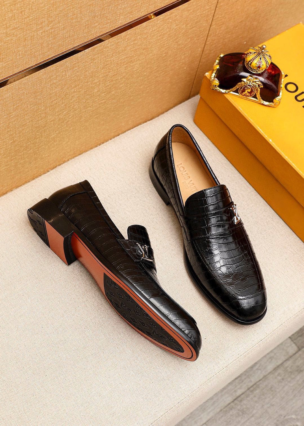 Louis Vuitton Embossed Metal-Accent Loafers — front