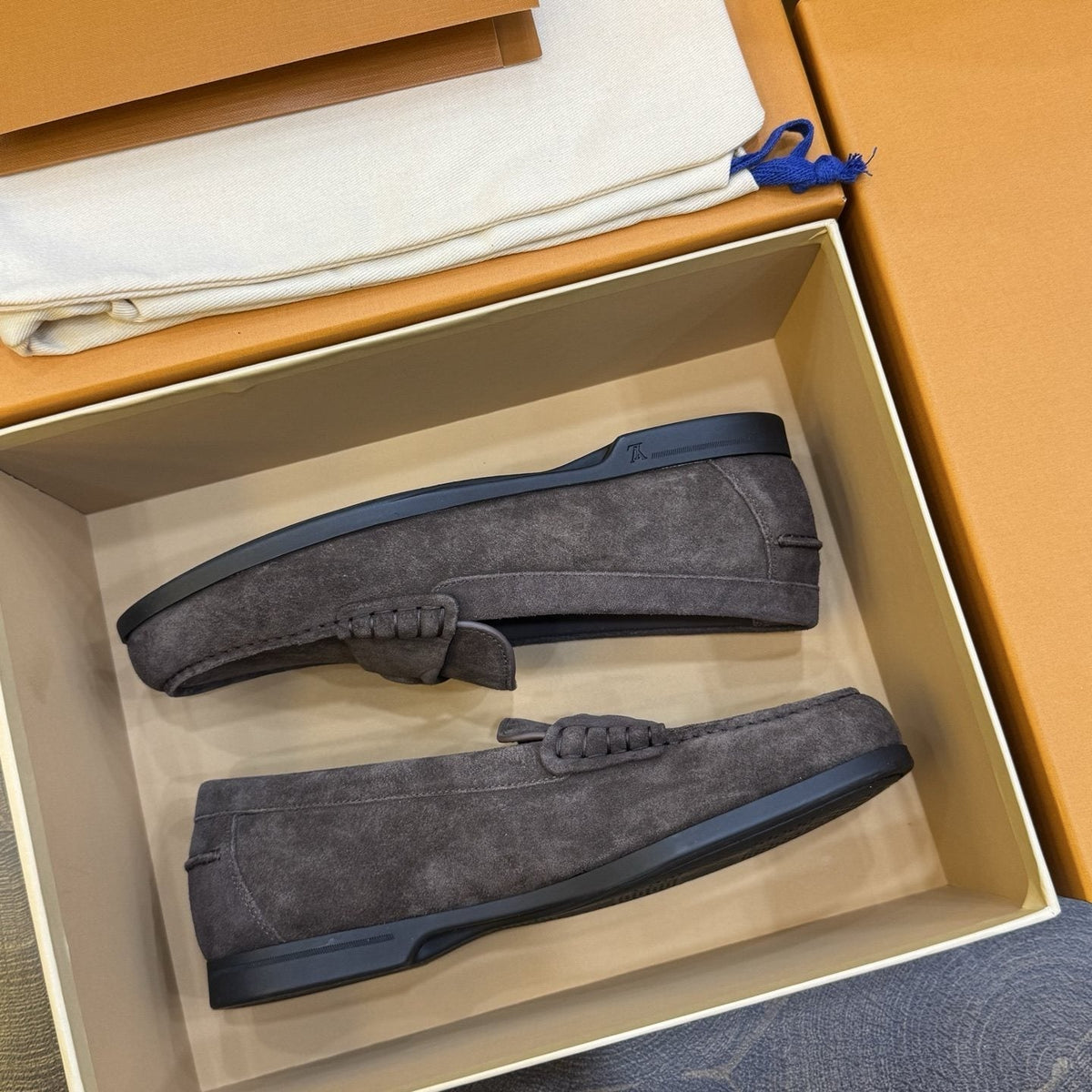 Louis Vuitton Charcoal Gray Suede Loafers — hero