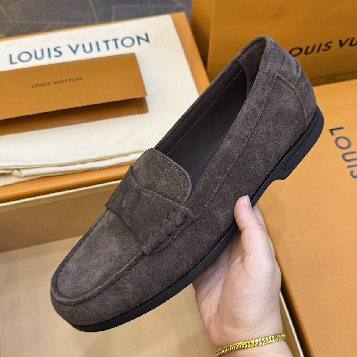 Louis Vuitton Charcoal Gray Suede Loafers — model