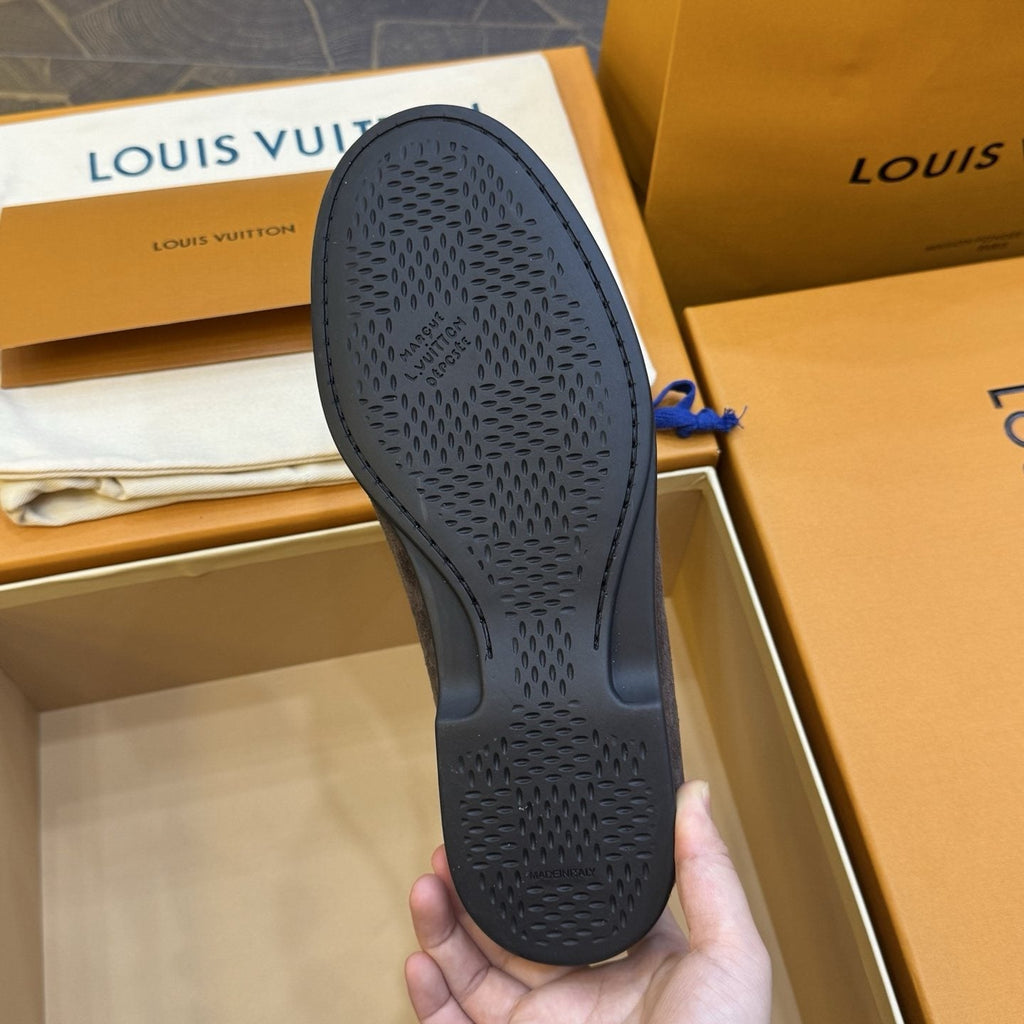 Louis Vuitton Charcoal Gray Suede Loafers — detail