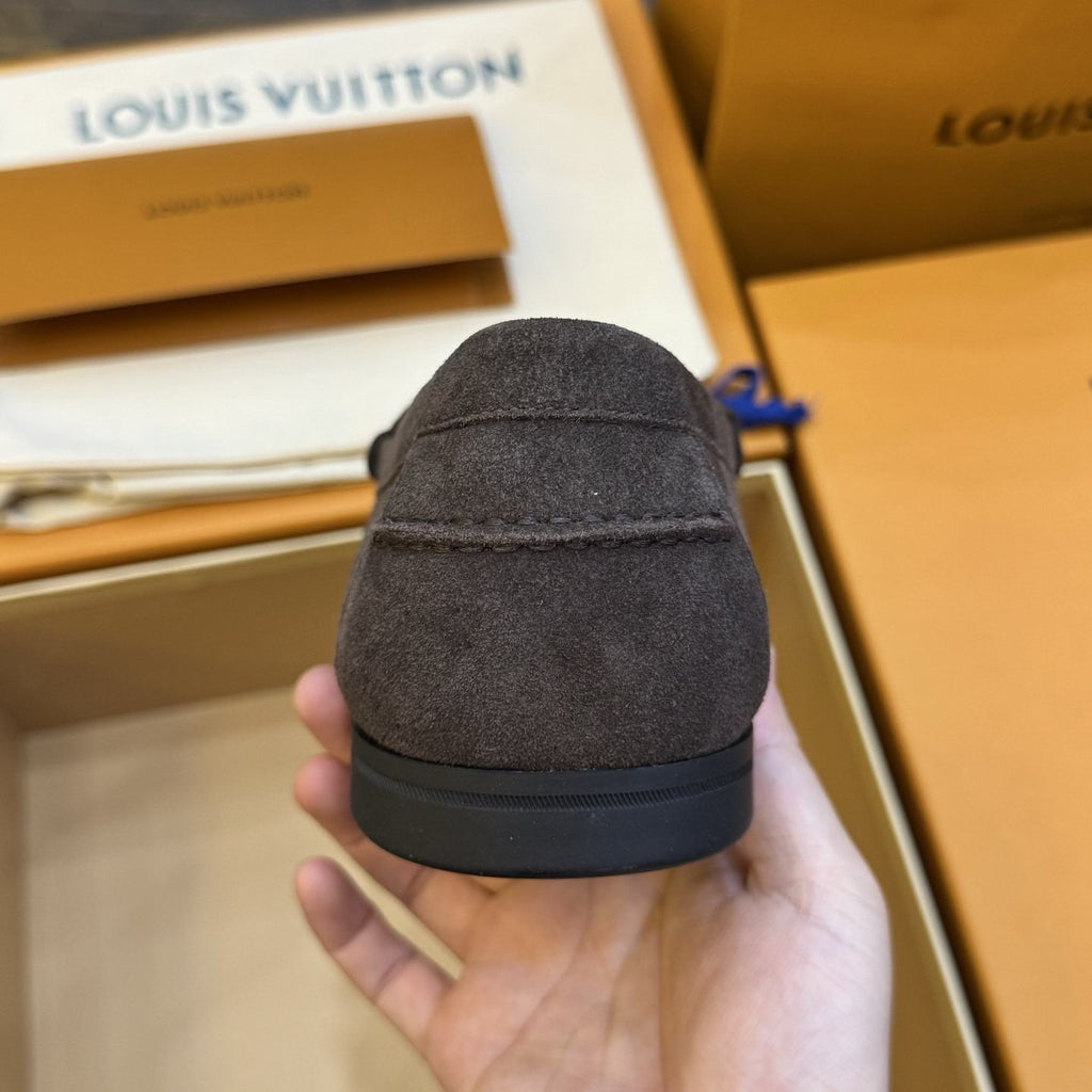 Louis Vuitton Charcoal Gray Suede Loafers — detail