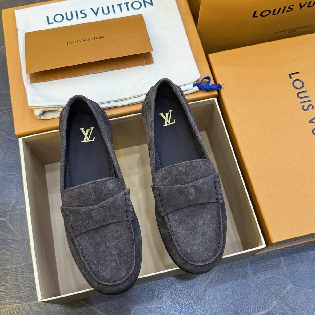 Louis Vuitton Charcoal Gray Suede Loafers — front