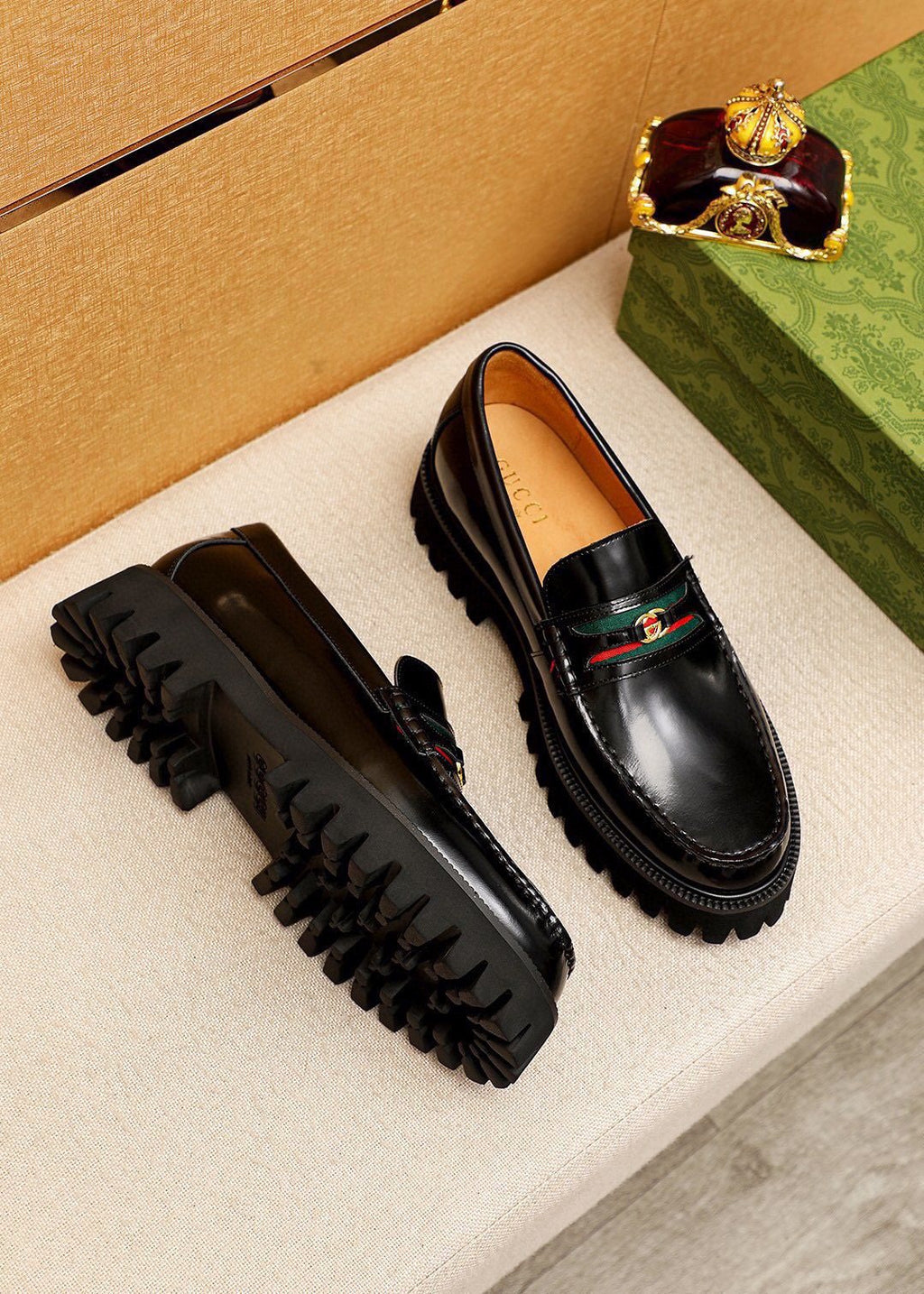 Gucci Striped Vamp Lug Sole Loafers — model