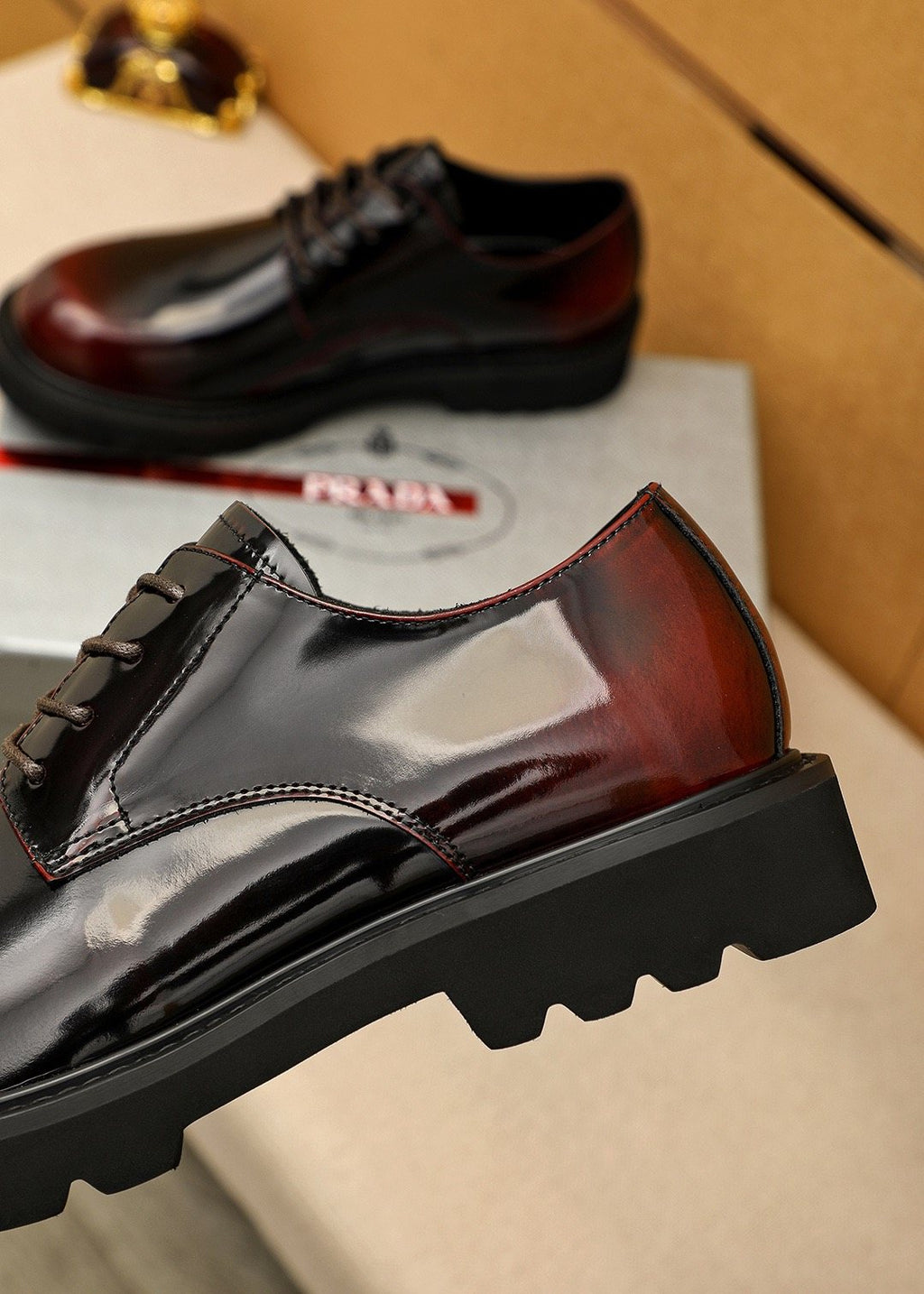 PRADA Glossy Lug Sole Derby Shoes — detail