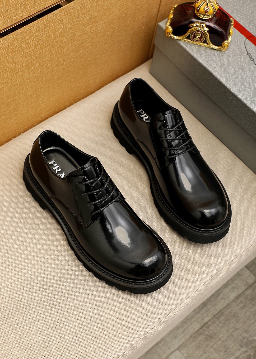 PRADA Glossy Lug Sole Derby Shoes — front