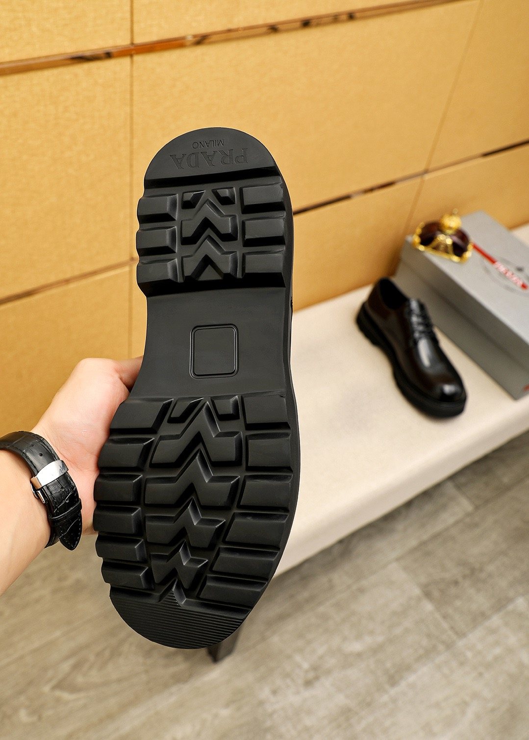 PRADA Glossy Lug Sole Derby Shoes — back