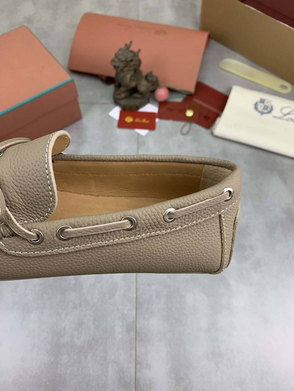 Loro Piana Beige Bow Moccasin Loafers — detail