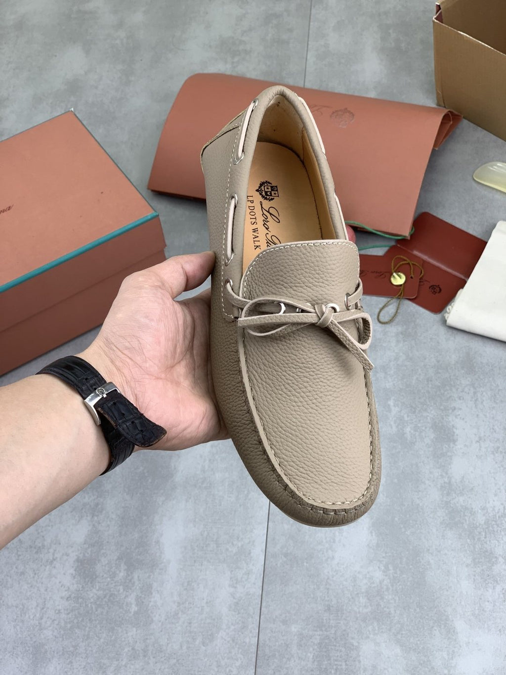 Loro Piana Beige Bow Moccasin Loafers — front