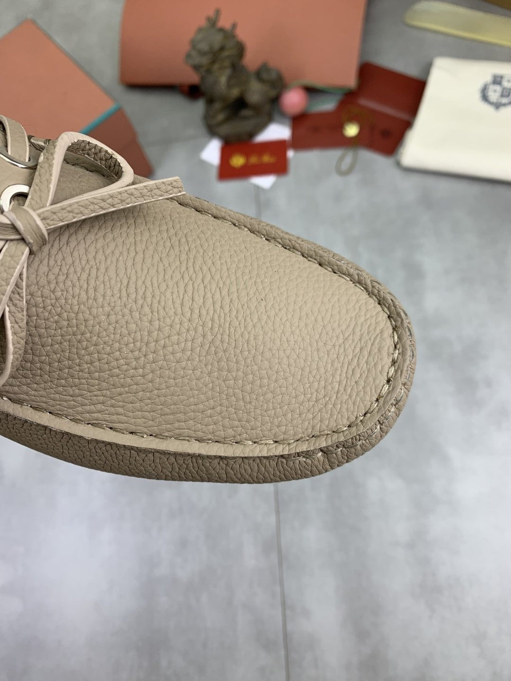 Loro Piana Beige Bow Moccasin Loafers — detail