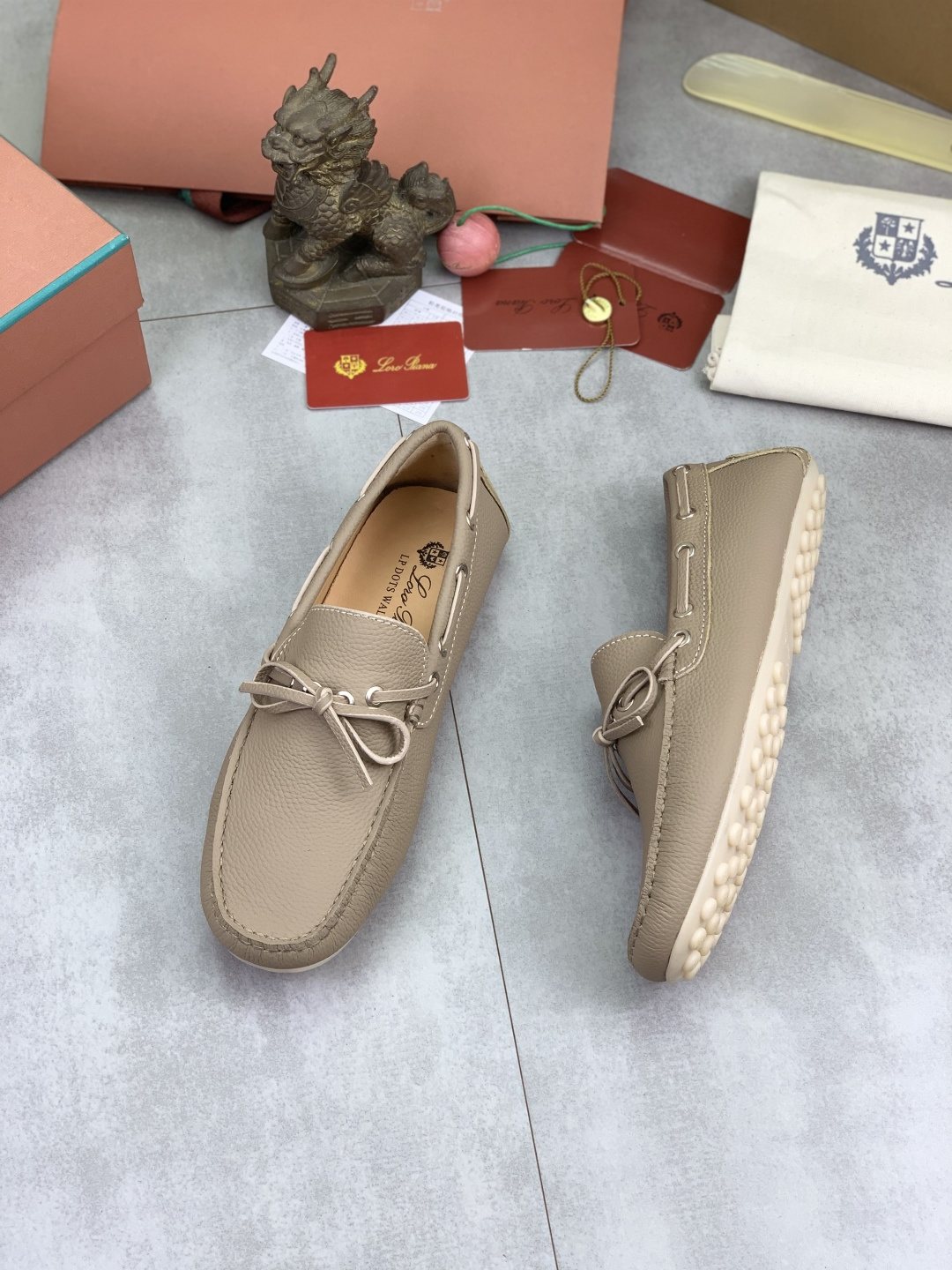 Loro Piana Beige Bow Moccasin Loafers — side