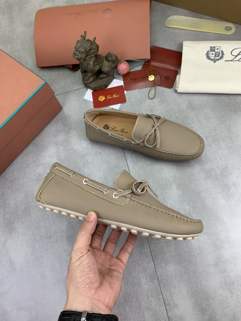Loro Piana Beige Bow Moccasin Loafers — side