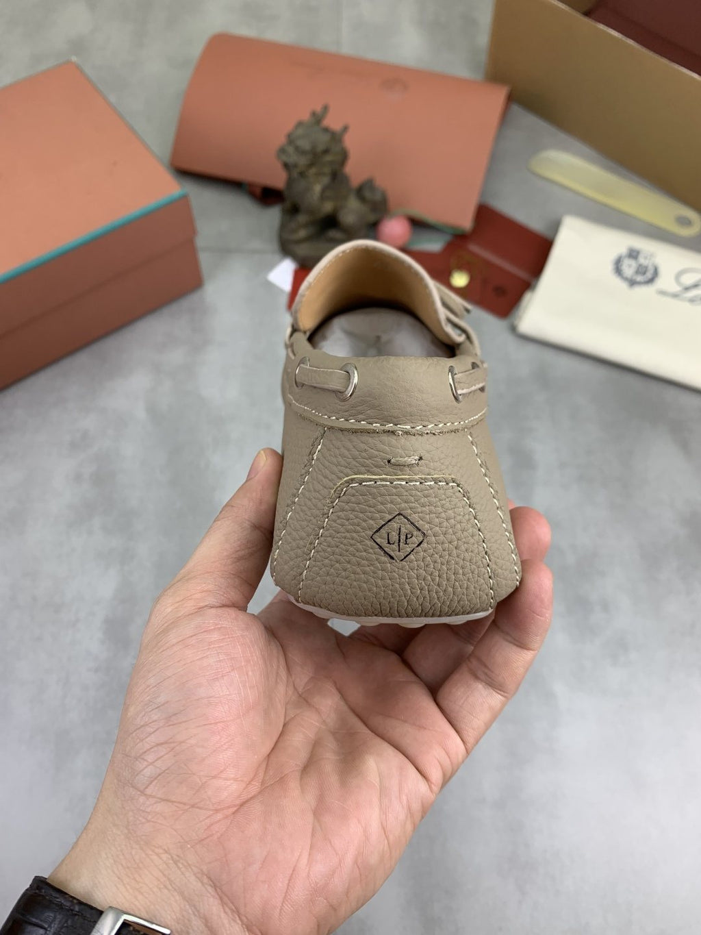 Loro Piana Beige Bow Moccasin Loafers — detail