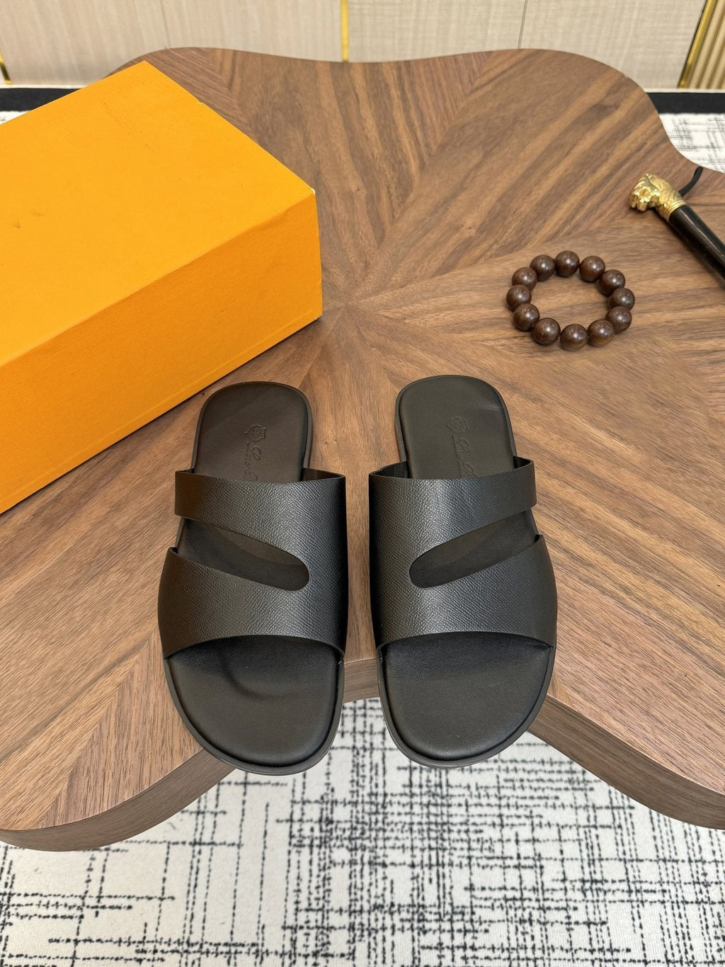 Loro Piana Dark Green Two-Strap Slide Sandals — front