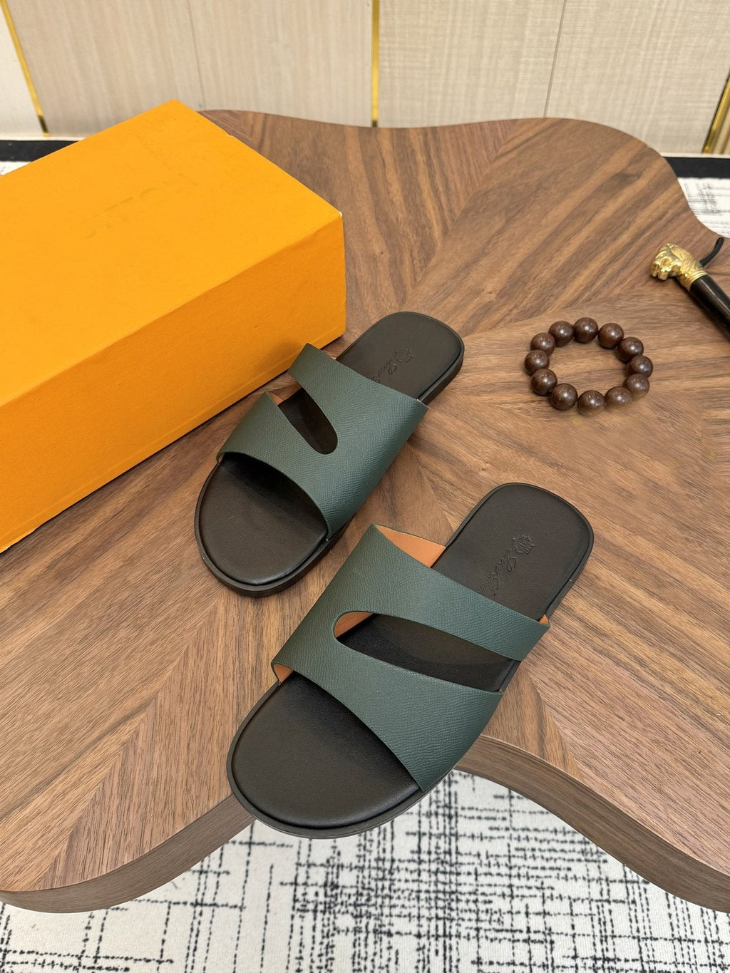 Loro Piana Dark Green Two-Strap Slide Sandals — front