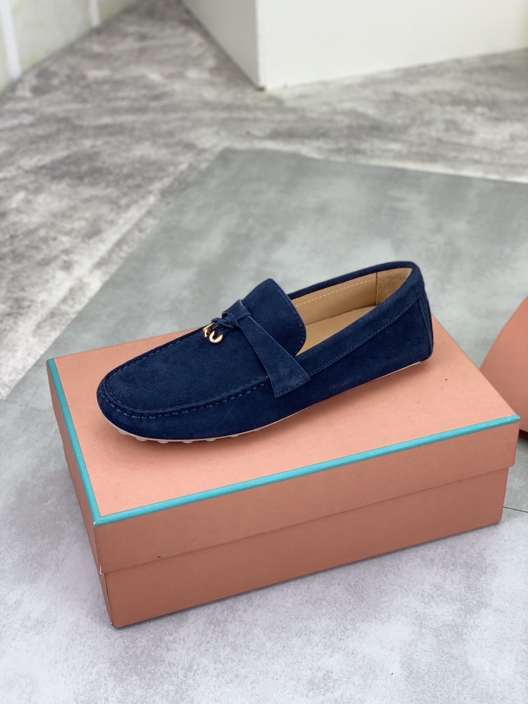 Loro Piana Navy Blue Moc-Toe Loafers — side
