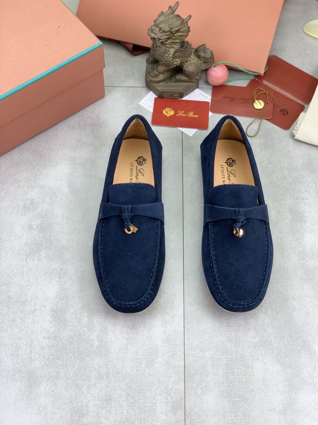 Loro Piana Navy Blue Moc-Toe Loafers — hero