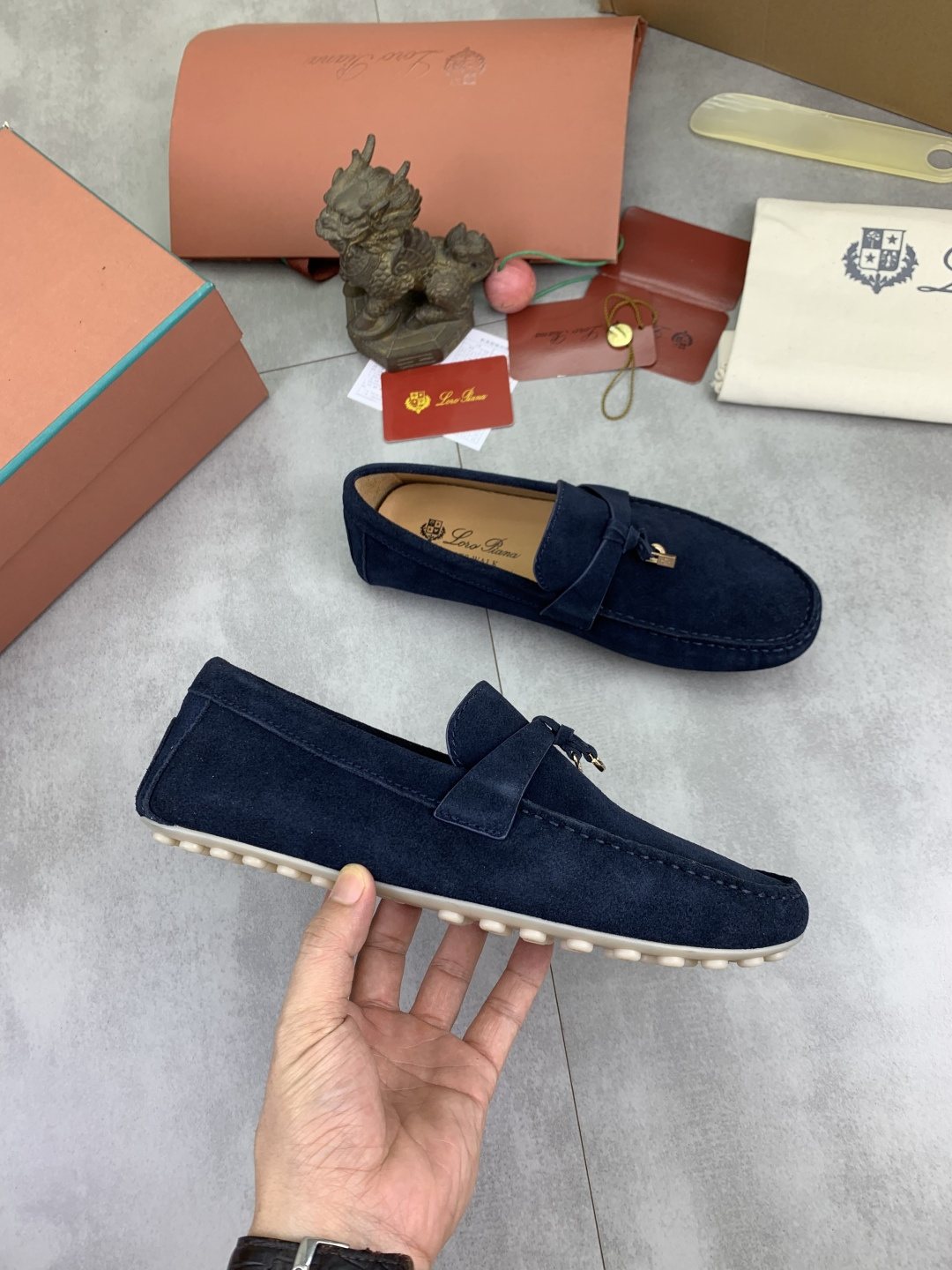 Loro Piana Navy Blue Moc-Toe Loafers — side