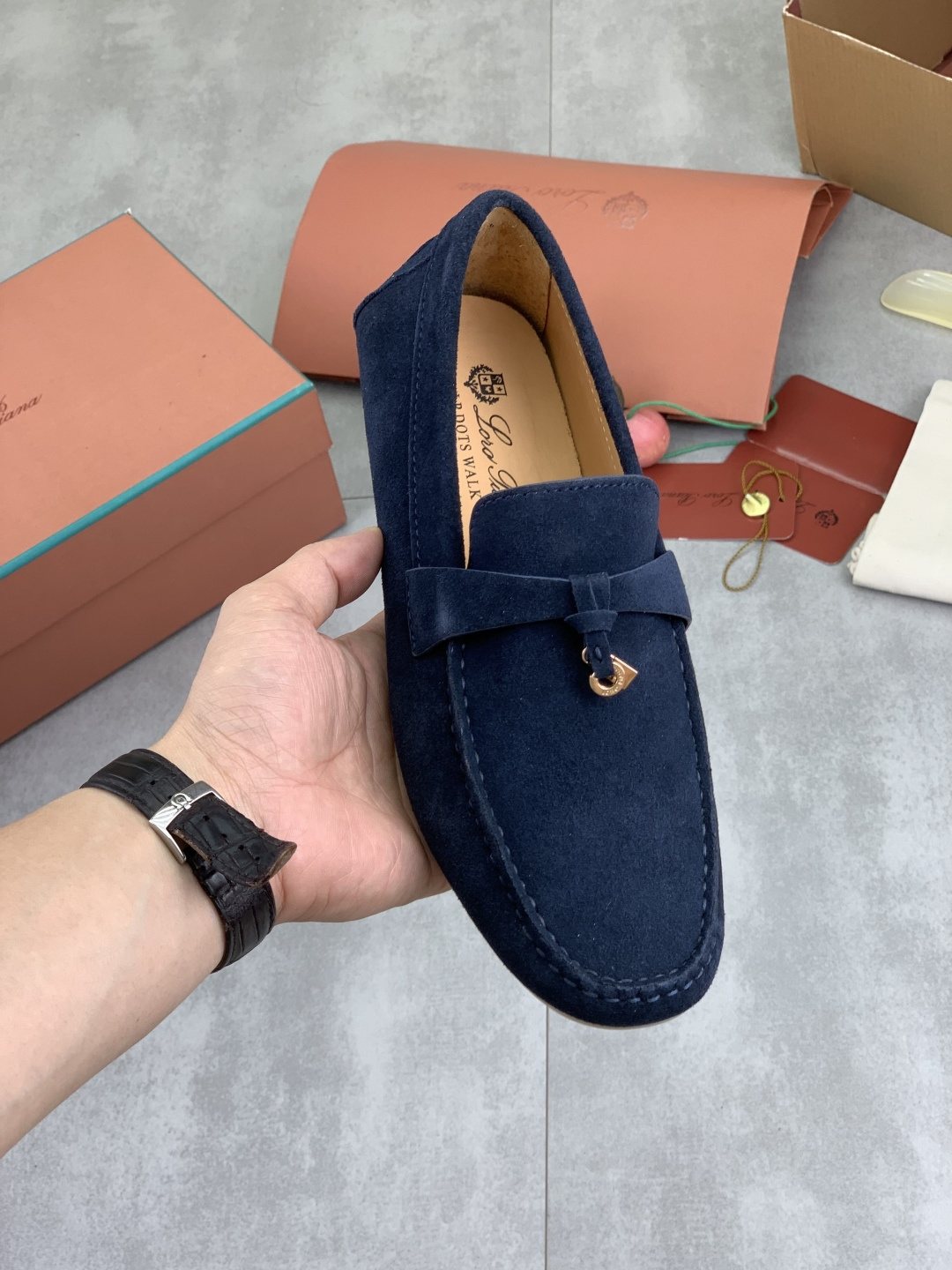 Loro Piana Navy Blue Moc-Toe Loafers — front