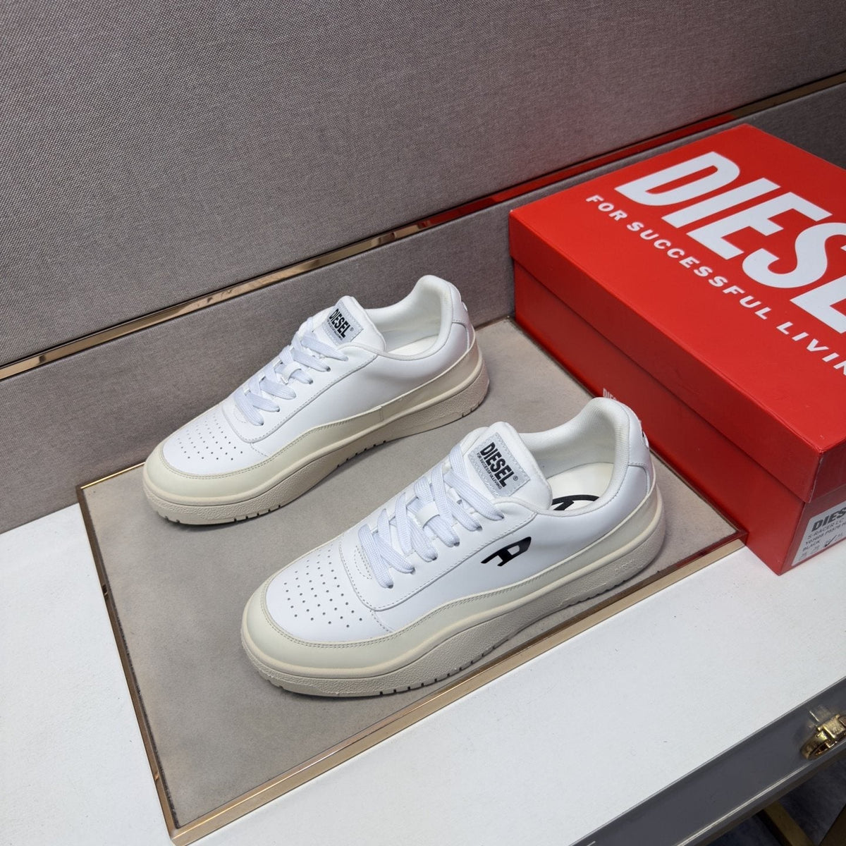 Diesel White Perforated Low-Top Sneakers — front