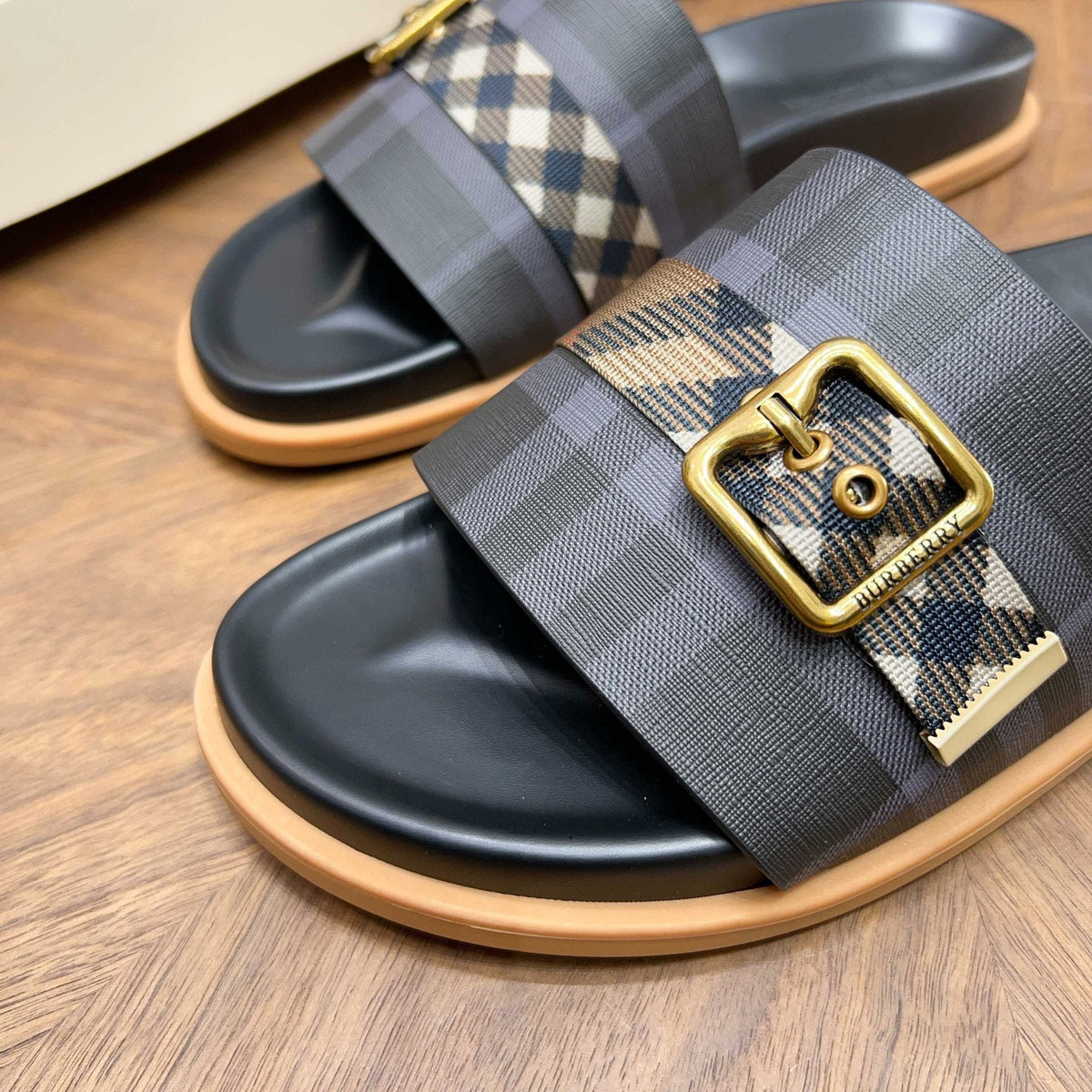 Plaid Buckle Slide Sandals — detail