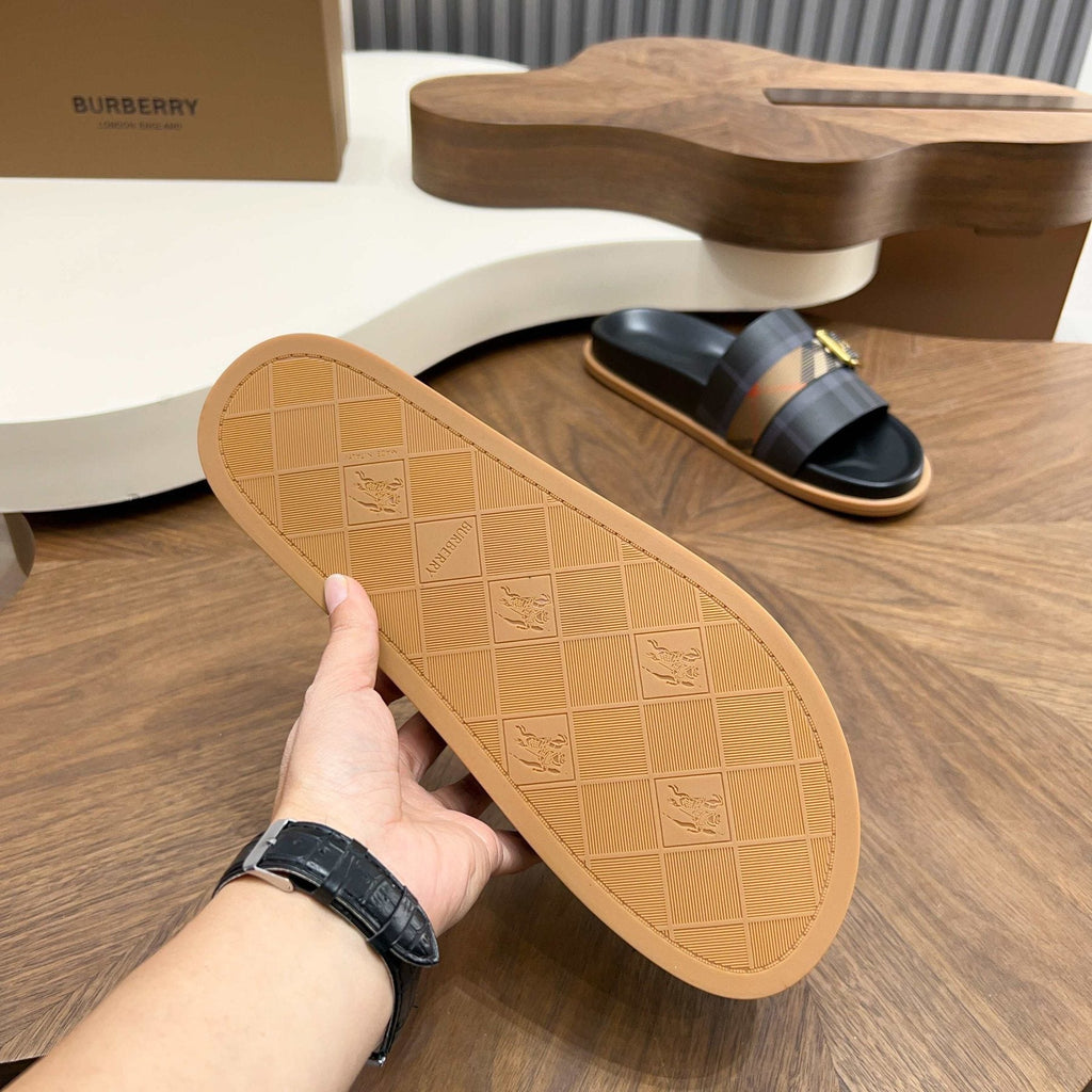Plaid Buckle Slide Sandals — detail