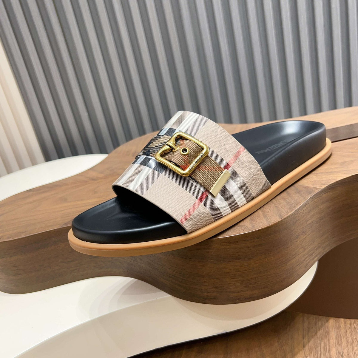 Plaid Buckle Slide Sandals — side