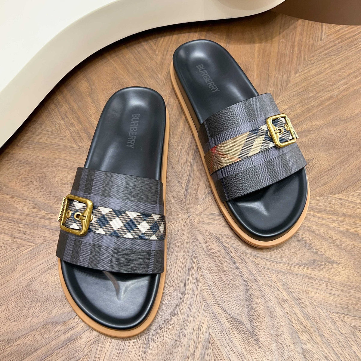 Plaid Buckle Slide Sandals — front