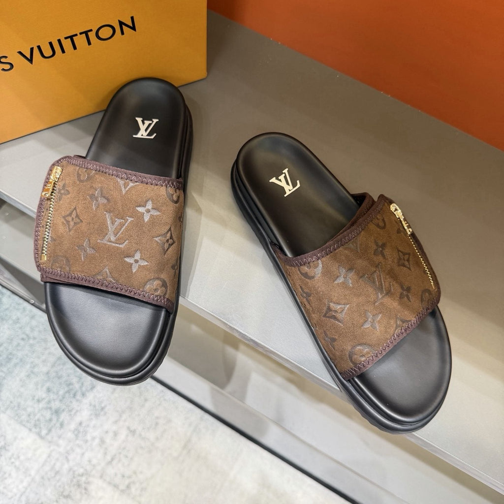 Louis Vuitton Monogram Zip Slide Sandals — front