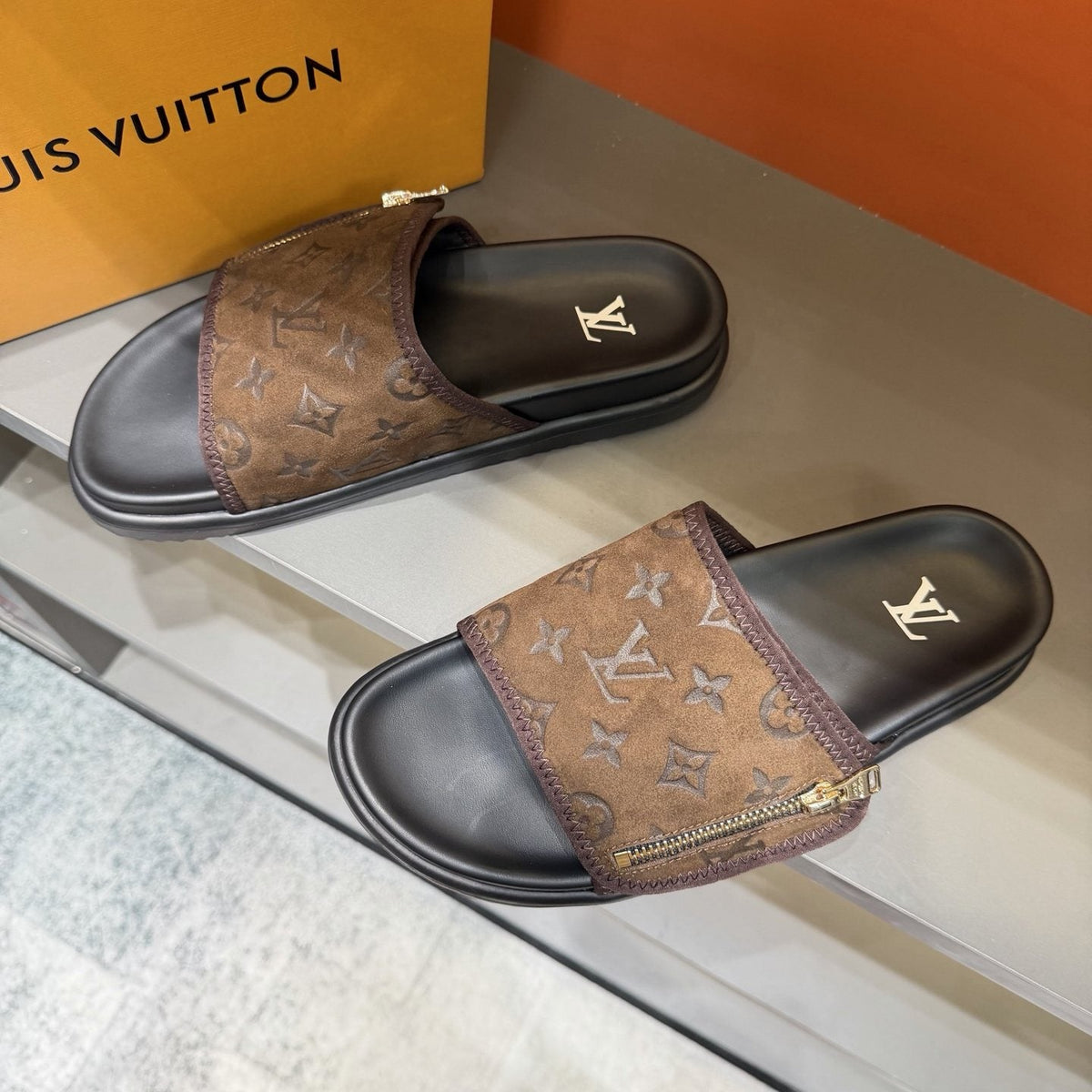 Louis Vuitton Monogram Zip Slide Sandals — front