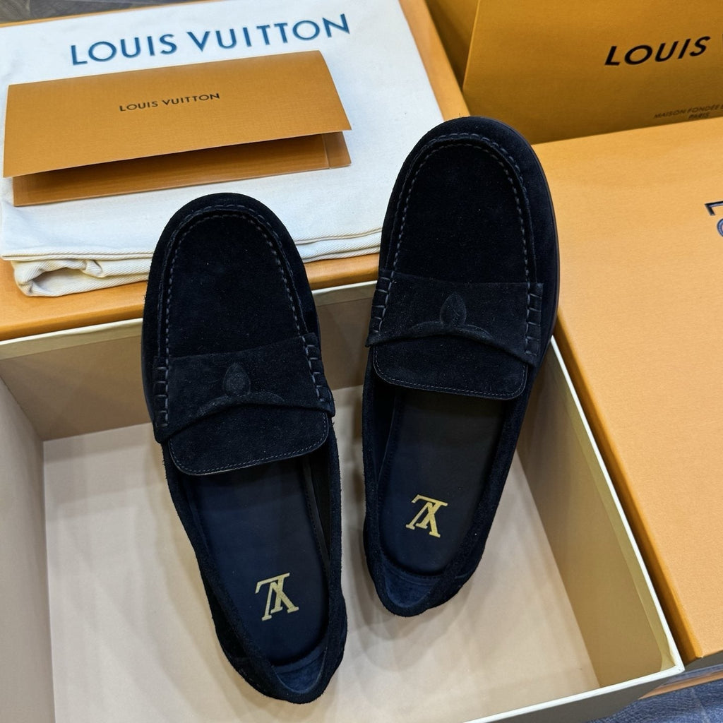 Louis Vuitton Black Suede Loafers — front