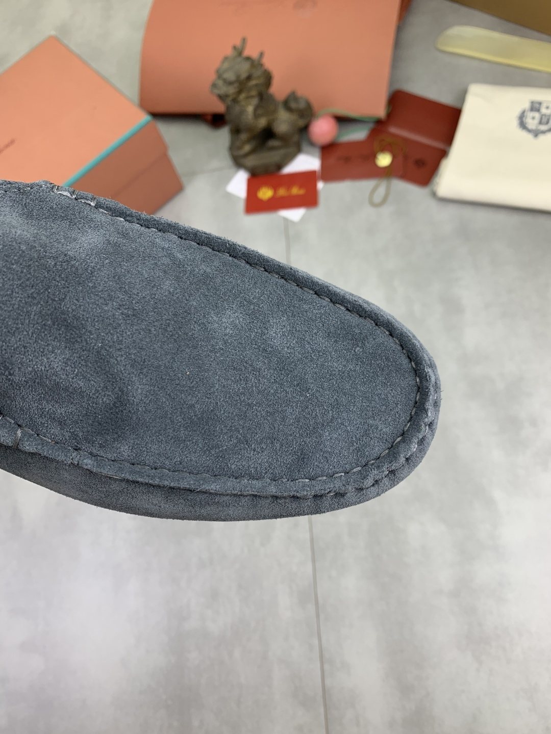 Loro Piana Blue-Gray Suede Driving Shoes — detail