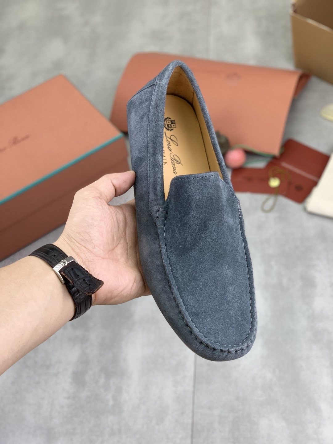 Loro Piana Blue-Gray Suede Driving Shoes — front